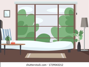 Empty bedroom flat color vector illustration. Modern apartment 2D cartoon interior with big window on background. Contemporary home interior decor, cozy accommodation. Comfortable room at daytime