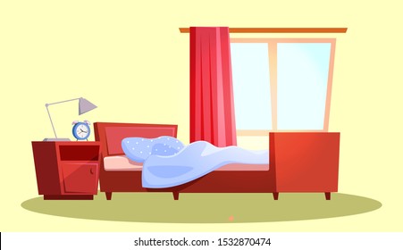 Empty bedroom interior flat vector illustration. Apartment furnishing. Cozy room with wooden bed and nightstand. Living room design interior with hanging curtain on window. Accommodation decor