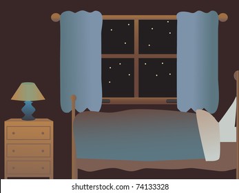 Empty bedroom at night side view vector illustration