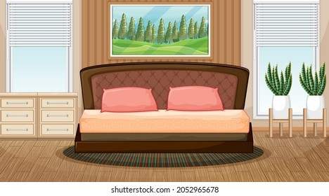 Empty bedroom scene with bedroom objects and interior decoration illustration