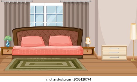 Empty bedroom scene with bedroom objects and interior decoration illustration