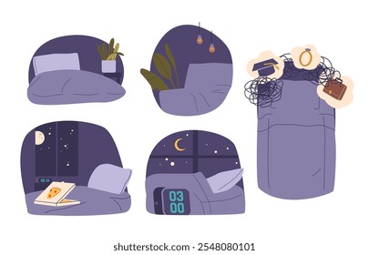 Dormitorio vacío con el juego de Ilustración vectorial de la escena de la atmósfera insomne, ansiosa, frustrada