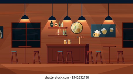 Empty beer bar cartoon vector interior. Bar counter, shelves with alcohol bottles, tables and chairs, posters on the wall.