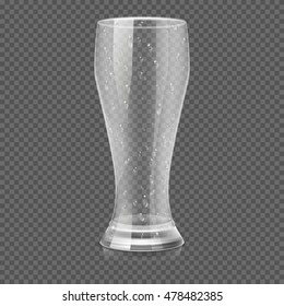 Empty beer glass cup isolated on transparent checkered background vector illustration. Transparent mug for beverage and water
