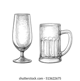Empty beer glass and beer mug isolated on white background. Hand drawn vector illustration. Retro style.