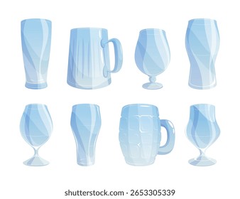 Copos de cerveja vazios em várias formas e tamanhos. Vetor isolado pint desenhos animados e caneca, tulipa e stein. Tanques para bebidas alcoólicas. Design de menu, modelos de cervejaria ou apresentações de produtos