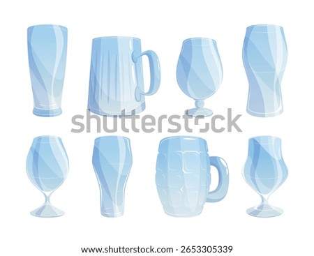 Empty beer glasses in various shapes and sizes. Vector isolated cartoon pint and mug, tulip and stein. Tankards for alcoholic beverages. Menu design, brewery mockups or product presentations