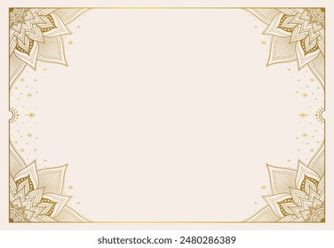 Empty beige frame with gold mandala patterns and stars on a light background. Flat lay mockup design with copy space for greeting card, invitation, or poster. Vector illustration.