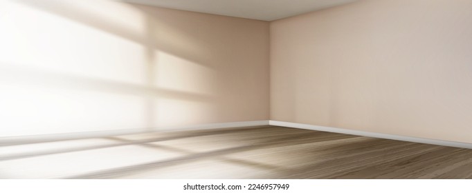 Empty beige room corner with sunlight and window shadow. Realistic vector illustration of new studio apartment interior design with blank pastel walls, wooden floor and no furniture. Real estate - Shutterstock ID 2246957949