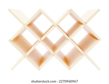 Leeres beiges Holzweingestell oder Flaschenregal einzeln auf Weiß. Realistisches 3D-Modell. Shop, Galerie-Showcase zu präsentieren Produkt. Einzelhandelsspeicherplatz. Möbel für Inneneinrichtung. Küchenzeug