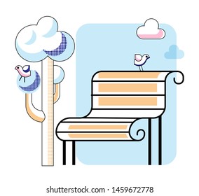 Empty bench in city park vector illustration. Public resting place, garden with no people. Wooden seat and little bird on tree branch. Spring nature, open air recreation, relaxation spot