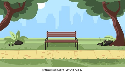 Empty bench in city park. Wooden and wicker furniture. Summer landscape with city view. Place for walking and recreation. Public place with green trees cartoon isolated vector concept