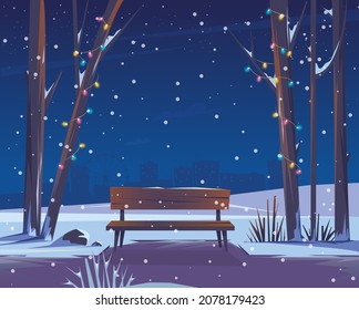 An empty bench in a night winter park. Vector flat illustration