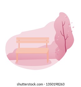 Empty bench in park flat vector illustration. Fresh air, rest, relaxation, recreation. Loneliness, solitude. Leisure time outdoors. Wooden bench in public garden color drawing. Banner design element