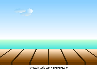 Empty bench top over background of turquoise sea with sky, clouds, and the horizon line. Useful as backdrop, image montage for display products, or design key visual layout. Vector illustration, EPS10