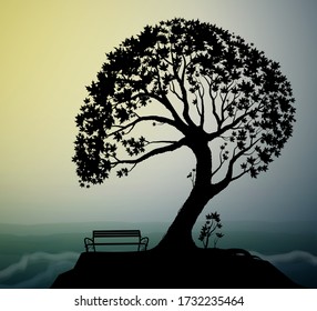 empty bench under the tree with sea storm waves, marine storm landscape  with sun rays, shadows memories,  sea sweet dreams, vector