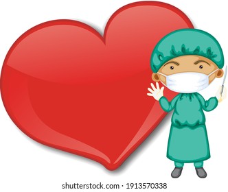 Empty big heart banner with a doctor wearing mask cartoon character illustration