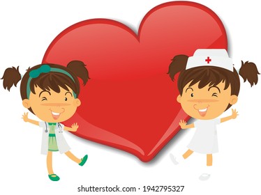 Banner de gran corazón vacío con dos ilustraciones de caricatura de enfermera
