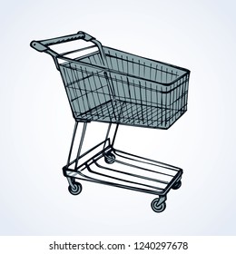 Empty big old warehouse trolly wagon for e spend isolated on white background. Freehand line black ink drawn sketchy logo sign in art scribble style pen on paper. Closeup side view with space for text