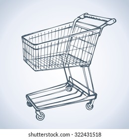 Empty big old warehouse trolly wagon for e spend isolated on white background. Freehand line black ink drawn sketchy logo sign in art scribble style pen on paper. Closeup side view with space for text