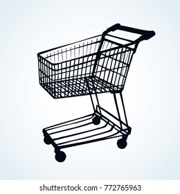 Empty big old warehouse trolly wagon isolated on white background. Line dark ink drawn logo emblem pictogram for e-spend in art doodle style pen on paper. Closeup side view with space for text