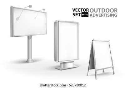 Empty billbord, stander and lightboxes isolated on white background. Set of tamplates vector illustration.