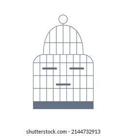 Empty Bird Cage Icon. Locked Birdcage With Perches. Closed Parrots Home With Metal Wires And Ring Holder For Hanging. Pets House. Flat Vector Illustration Isolated On White Background.