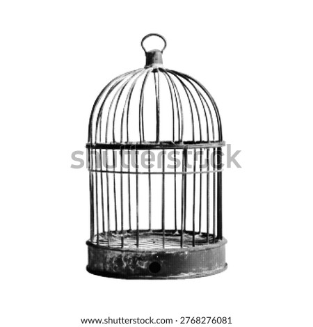 Empty bird cage isolated on white background, monochrome halftone illustration, concept of freedom, captivity, restriction and minimal design.