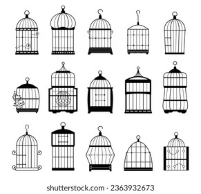 Empty bird cage silhouettes. Cute bird house for different types of birds, decorative metal cage for domestic canary symbol. Vector isolated set of empty cage silhouette illustration