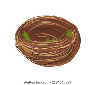 Empty bird nest with green leaves welcoming new life