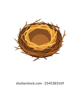 Empty bird nest made of twigs isolated flat vector illustration on white background