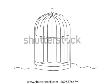 An empty birdcage, continuous single one line art hand drawing sketch, logo on white background