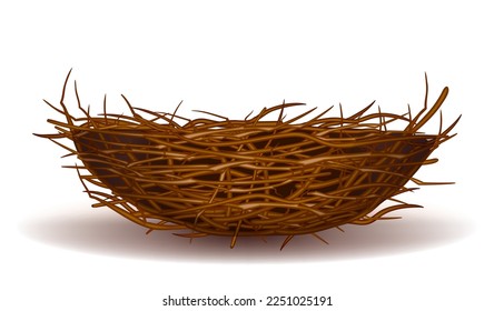El nido de pájaros vacíos hecho de ramas, elemento de diseño para una alegre fiesta de Pascua