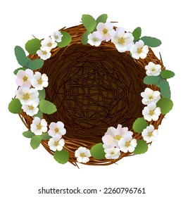Empty bird's nest made of branches with blooming white flowers, green spring leaves, design element for merry easter holiday
