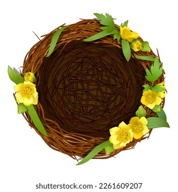 Empty bird's nest made of branches with blooming yellow flowers, green spring leaves, design element for a cheerful easter holiday