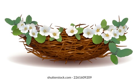 Empty bird's nest made of branches with blooming white flowers, green spring leaves, design element for merry easter holiday