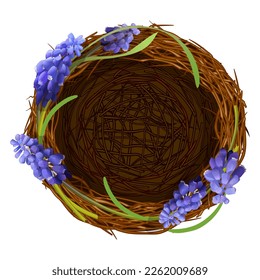 Empty bird's nest made of branches with blooming blue flowers, green spring leaves design element for merry easter holiday
