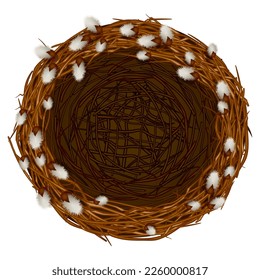 Empty bird's nest from willow branches with white lush flowers, green spring leaves, design element for merry easter holiday