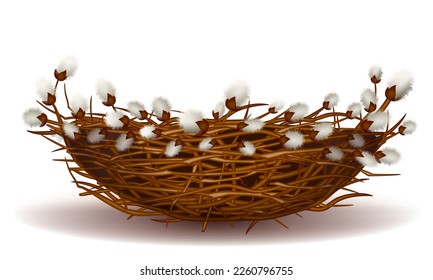 Empty bird's nest from willow branches with white lush flowers, green spring leaves, design element for merry easter holiday