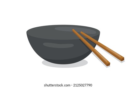 Empty black bowl with chopsticks, shadow. Vector stock illustration isolated on white background for Asian cuisine template. EPS10