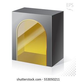 Empty black box with a transparent plastic window for new design. Product Packing Vector.