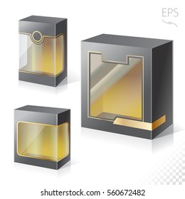 Empty black box with a transparent plastic window for new design. Product Packing Vector.