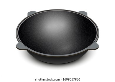 Empty black cauldron. Cast iron pot. Metalic saucepan. Vector illustration.