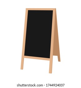 Empty black chalk Board, outdoor menu display in wooden frame, for cafe, restaurant, bar, flower shop, hair salon, small business. Vector stock flat illustration isolated on a white background.
