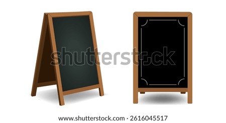 Empty black chalk Board, outdoor menu display in wooden frame, for cafe, restaurant, bar, flower shop, hair salon, small business. Vector stock flat illustration isolated on a white background.