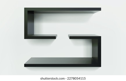 Empty black double rectangular shelf or niche on wall 3D mockup. Shop, gallery plastic or wooden showcase to present product. Blank retail storage space. Interior design furniture. Room bookshelf