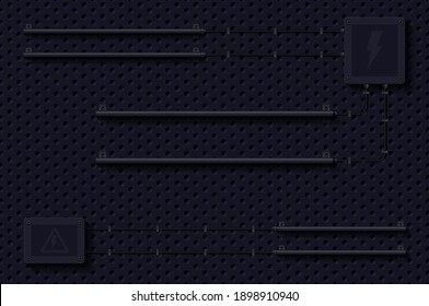 Empty black electric wall, technical background. Realistic vector illustration. Perforated black metal grill wall with electrical equipment.