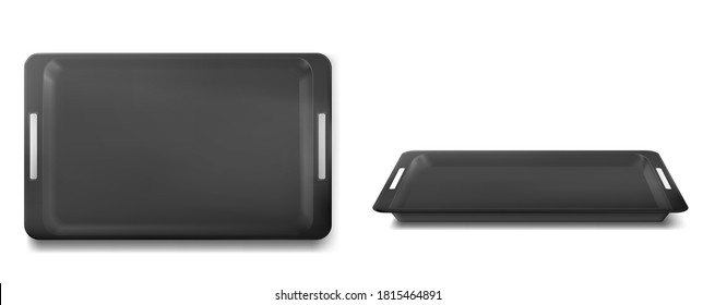 Empty black food tray for lunch in restaurant or canteen. Vector realistic mockup of blank rectangle plastic salver with handles front and top view isolated on white background