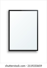 Empty Black Frame For Picture Or Art Photo Vector Illustration. 3d Rectangle Panel Mockup With Shadow And Opacity, Board Placard Or Blank Poster On Wall Of Exhibition Isolated On White Background