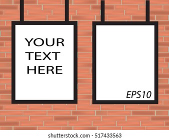 Empty black frames on red brick wall with spotlights. Vector illustration.